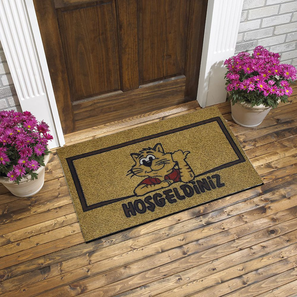 Kedi ve Hoşgeldiniz Yazılı Kauçuk Kapı Önü Paspası