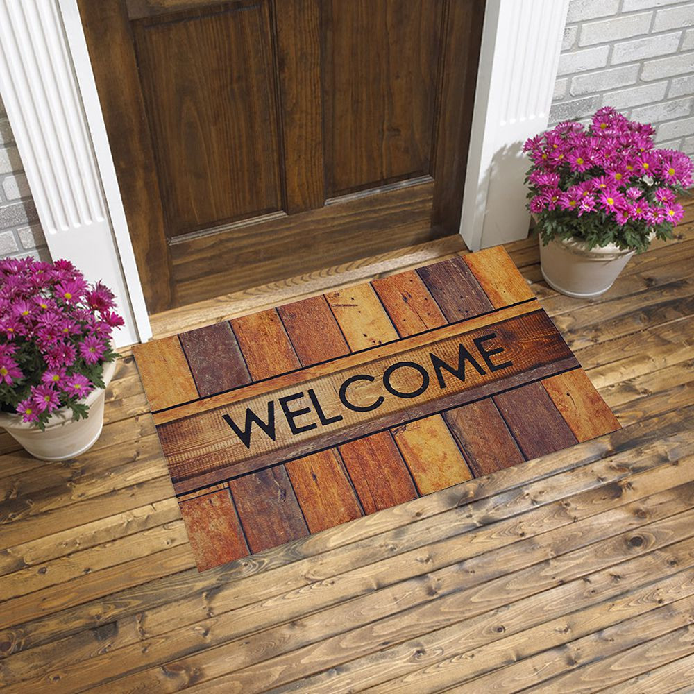 Welcome Yazılı Ahşap Görünüm Kauçuk Kapı Önü Paspası